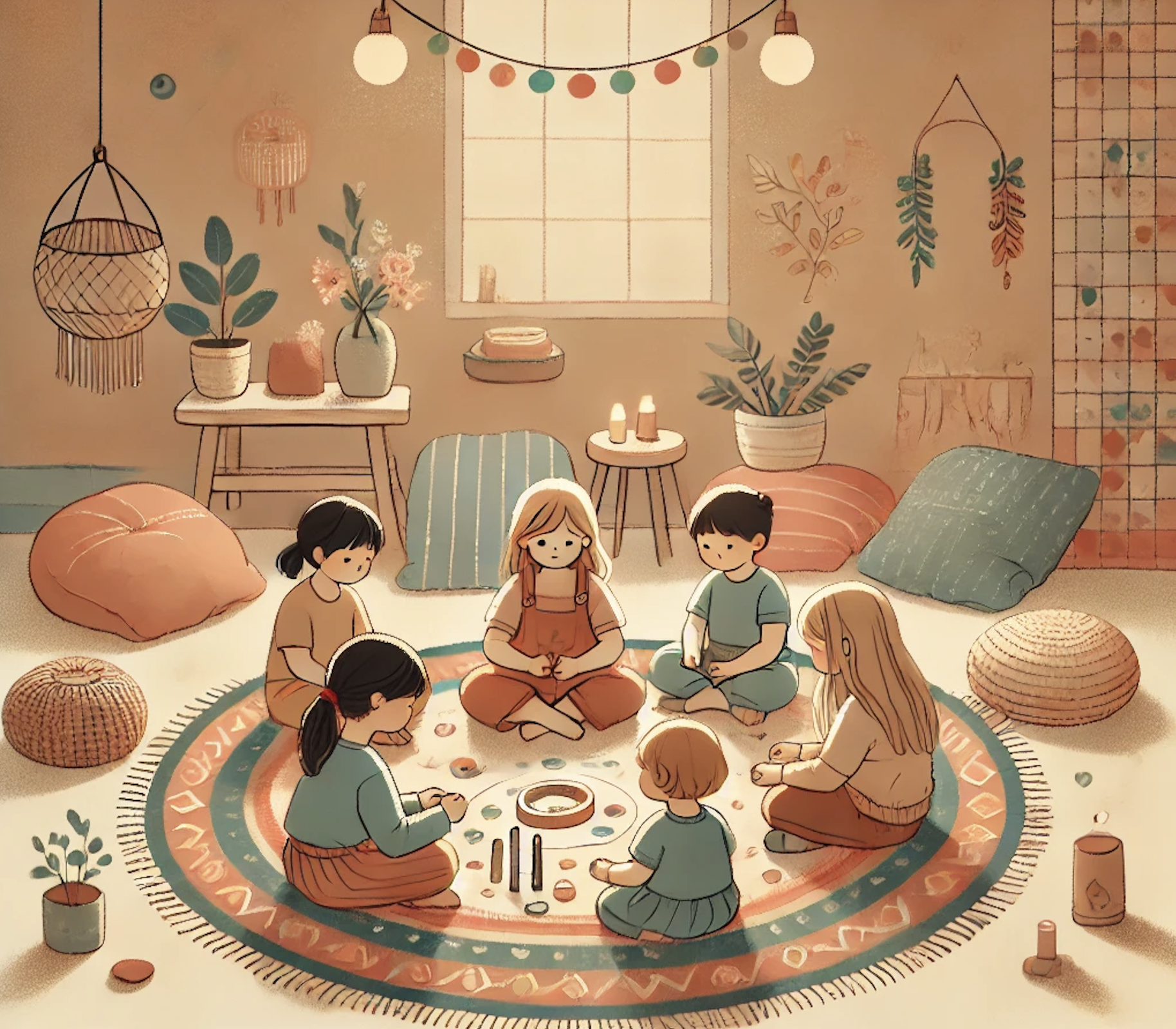 Illustration d'enfants heureux dans un espace thérapeutique chaleureux